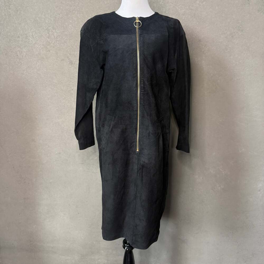 Vtg Margaret Godfrey Black Suede Leather Midi Dress Size 6 Full Zip Long Sleeve